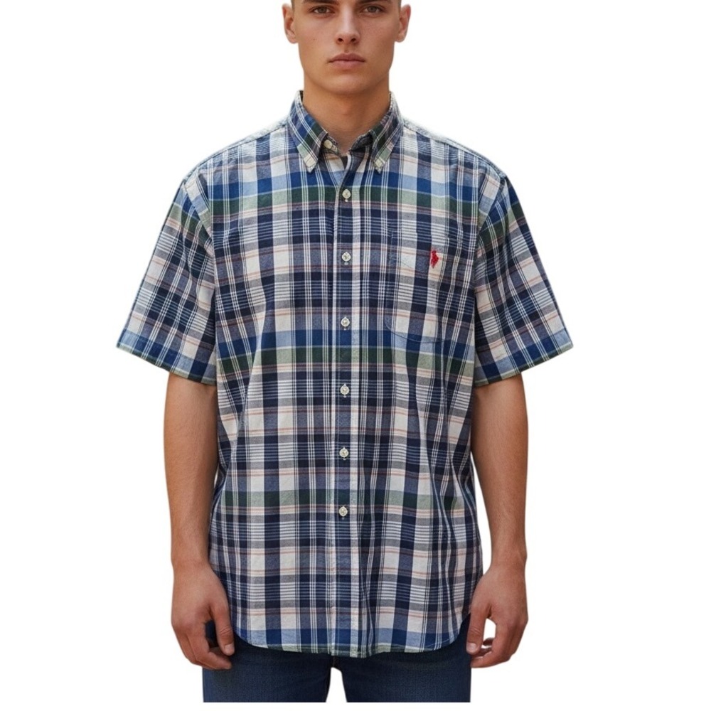 U.S. Polo Assn. Men's XL Plaid Short Sleeve Button Down‎ Shirt Red Pony Logo